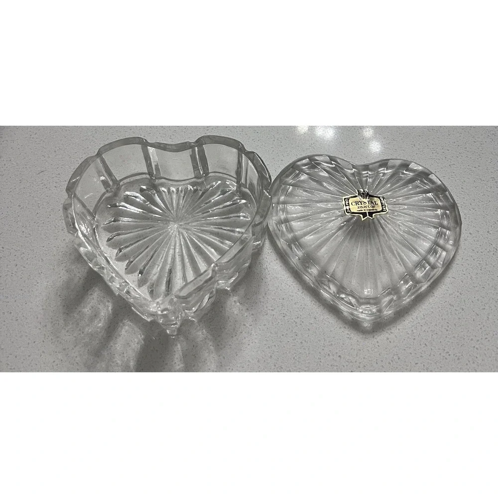 Vtg Crystal Trinket Boxes With Lids Rectangle Box & Heart Shaped From Yugoslavia